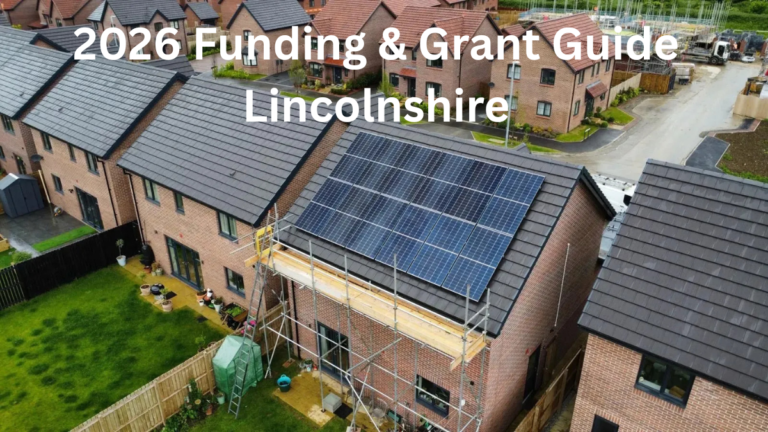 Modern Lincolnshire home with rooftop solar panels and heat pump qualifying for green energy grants.