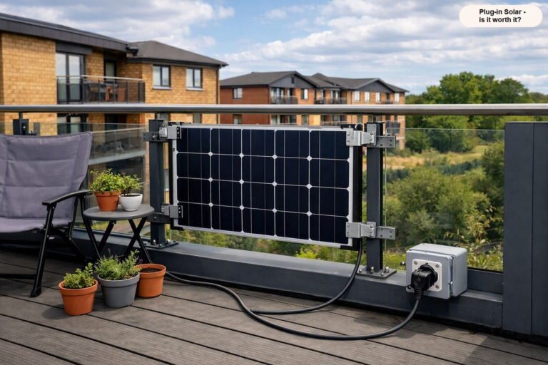 An 800W plug-in balcony solar kit panel mounted on a patio stand with micro-inverter lead.