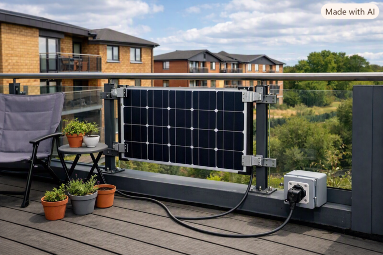 An 800W plug-in balcony solar kit panel mounted on a patio stand with micro-inverter lead